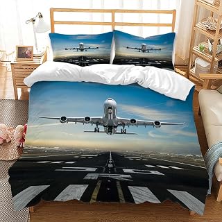 Airplane Duvet Cover Sets 3Pcs 3D Print Quilt Cover Vast Airport Airplane Cover with Zipper Closure Grey Airport Runway Airplane Quilt Cover with 2 Pillow Shams,Full Size