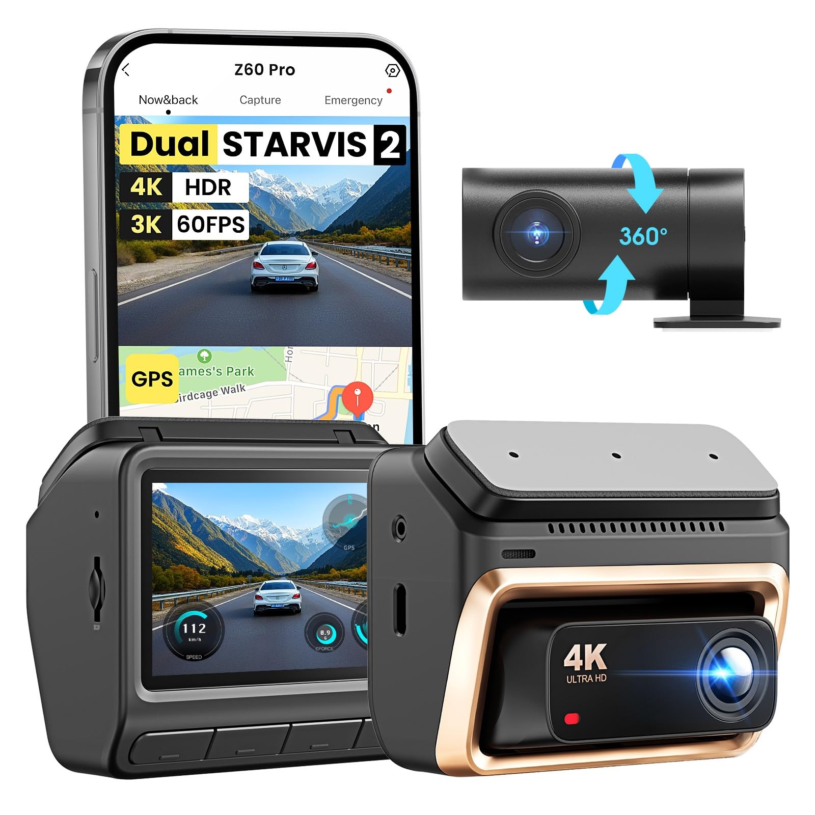 DDPAI Z60 Pro Dashcam Voiture Avant Arrière, 4K+1080P Dual STARVIS 2 HDR, 32 Go eMMC Intégré + Carte 128 Go Offerte, Vision Nocturne AI-ISP, 4G LTE, WiFi 5GHz GPS, Mode Parking 24H, 3" IPS