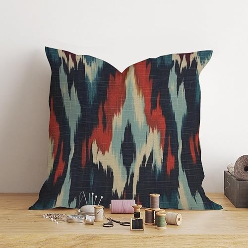 Vista 4 de Ikat - Funda de almohada estilo chinoiserie, color azul, verde, rojo, crema, funda de almohada europea, funda de cojín asiática colorida de 22 x 22