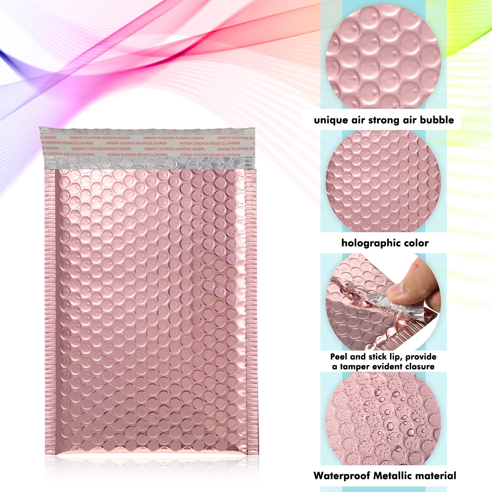 Lot de 50 enveloppes rembourrées métallisées à bulles pour envoi postal, rembourrées en aluminium, avec fermeture adhésive, sacs d'expédition pour emballage postal (style simple, or rose)