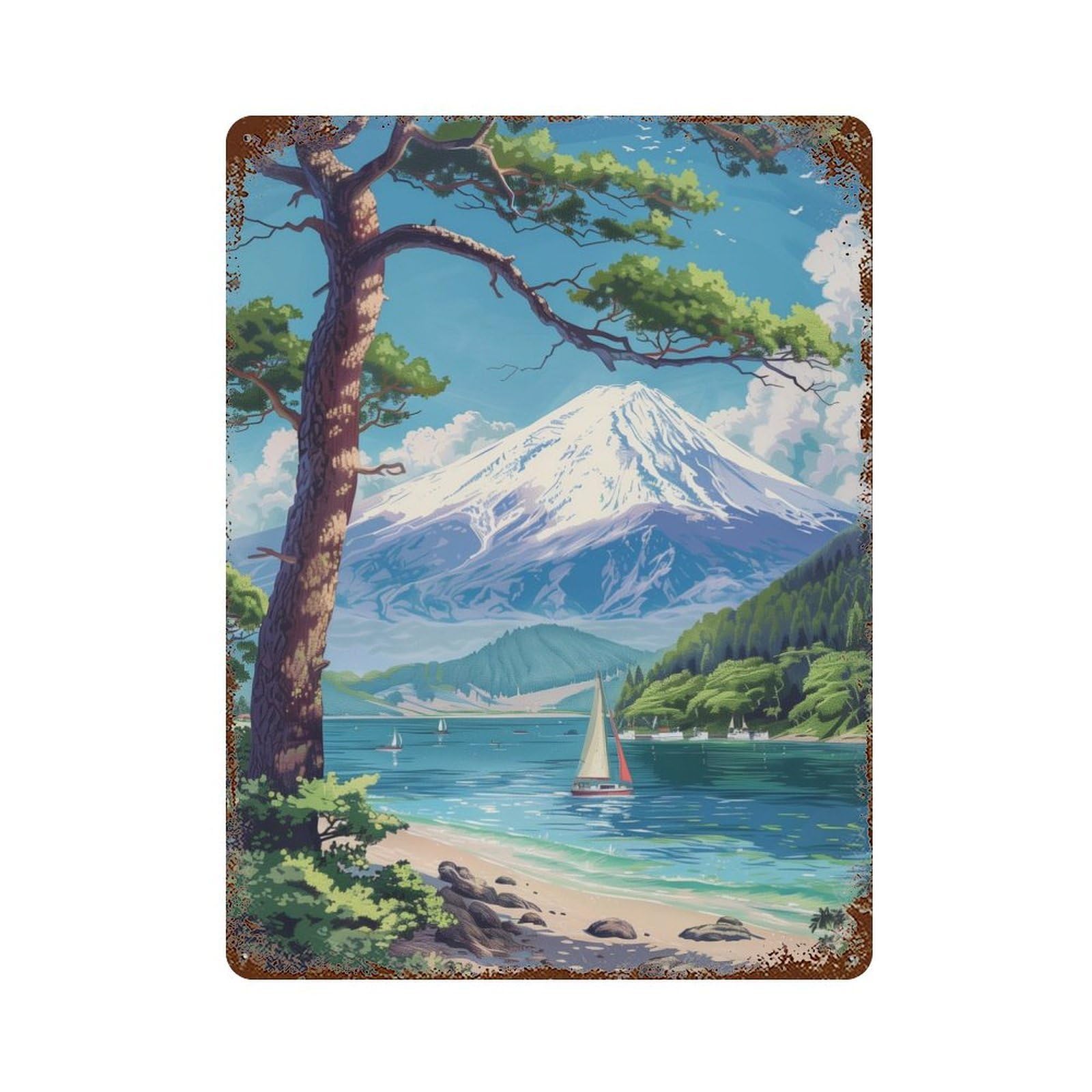 Garage Style Mount Fuji in Japan Rustic Tin Plaque 15.7"x11.8", Classic Wall Plaque for Bar And Workshop