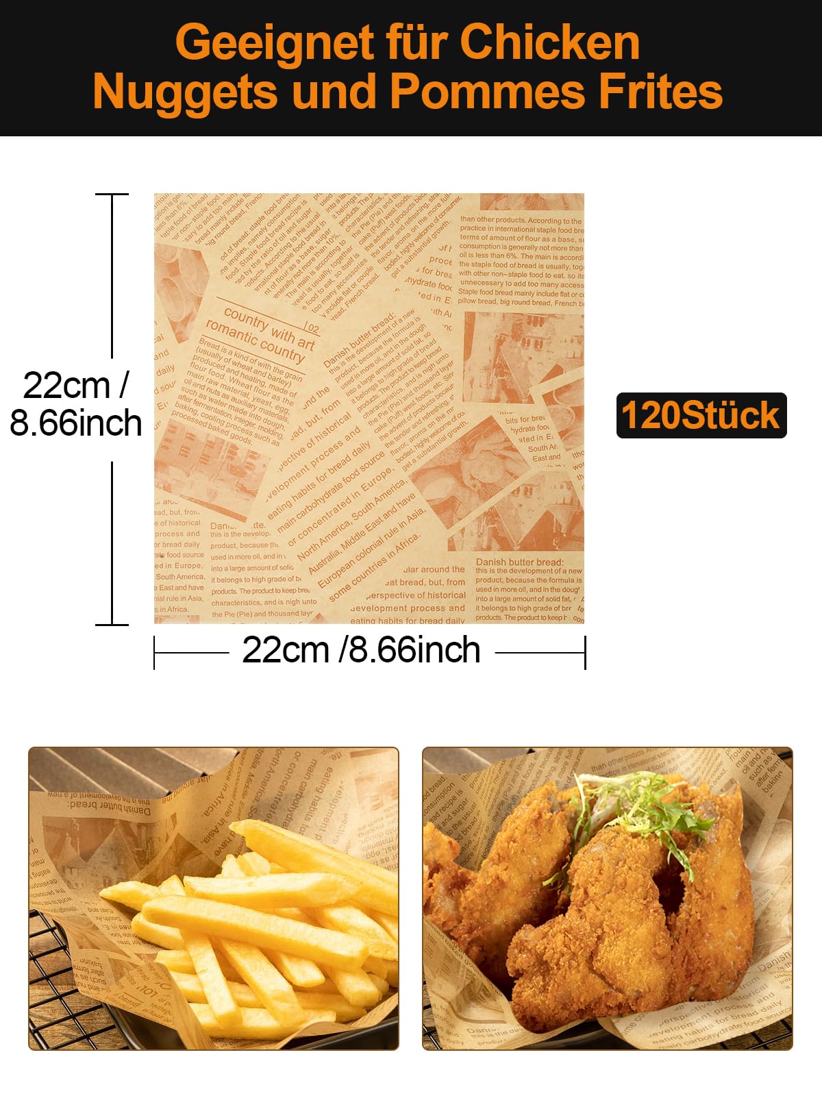 CoKeeSun 120 Feuilles Papier Emballage Alimentaire 22x22cm - Papier Journal Anti-Graisse Frites Burger