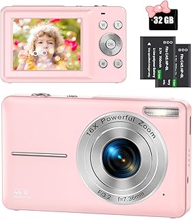 Camara Digital 1080P FHD 44MP Cámara de Fotos con Zoom Digital 16X, LCD de 2,4", Camara Fotos Digital con Tarjeta de 32GB para Niños, Adolescentes, Principiantes(Rosa)