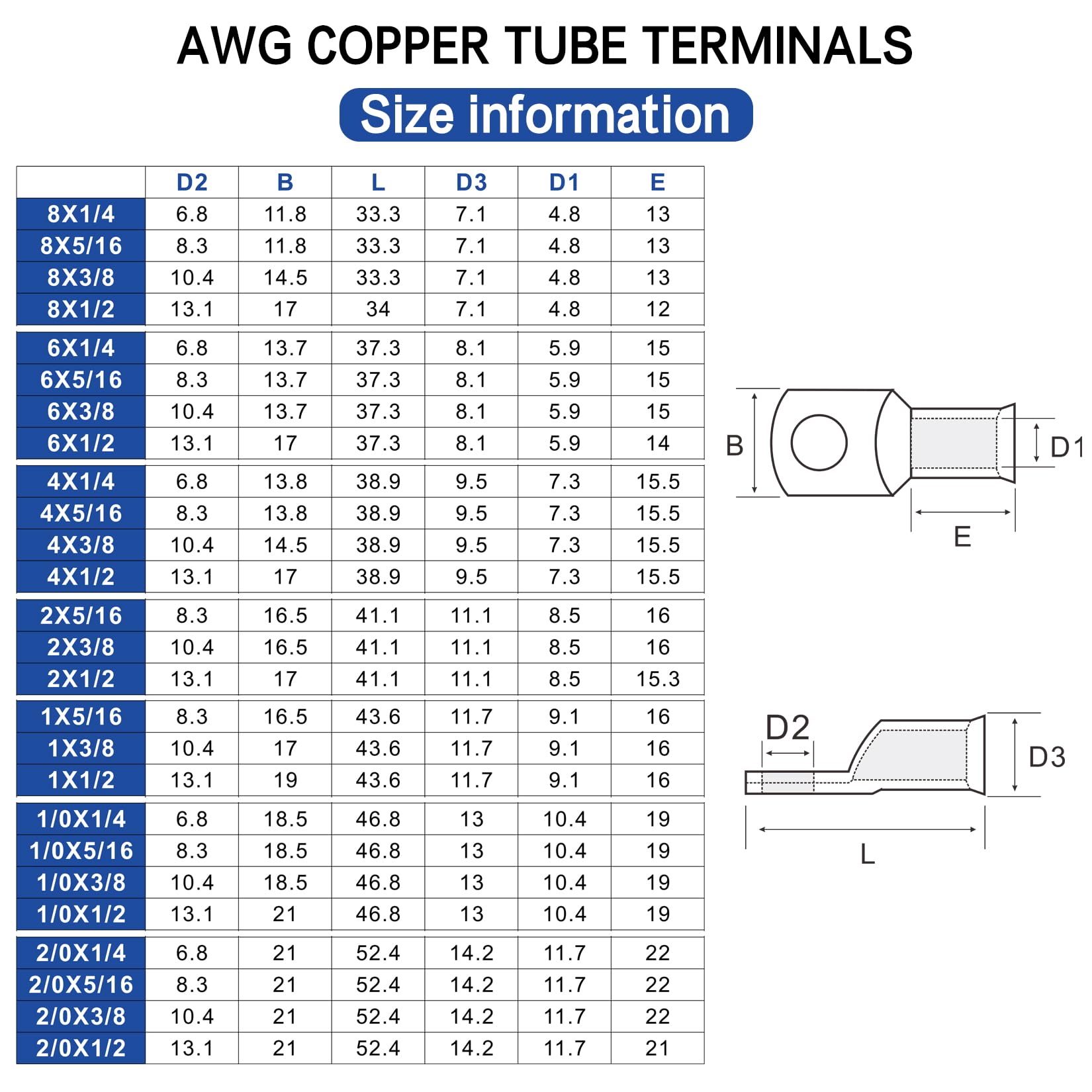 XHF 100 terminales de batería resistentes 1/0 AWG-3/8 con tubo termorretráctil 3:1, terminales de anillo, extremos de cable de batería, ojales de cobre, conectores de batería eléctrica