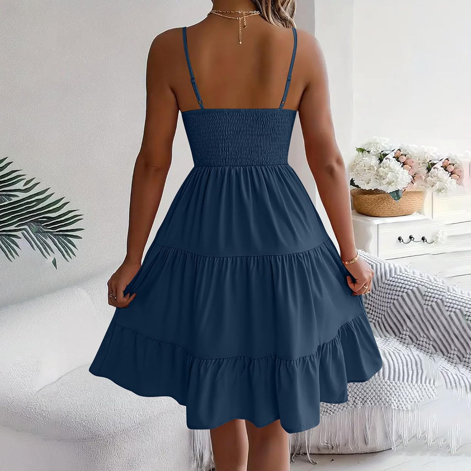 Womens Sleeveless Smocked Midi Dress Flowy Cute Summer Dresses Boho Spaghetti Strap Tiered A Line Casual Sundress