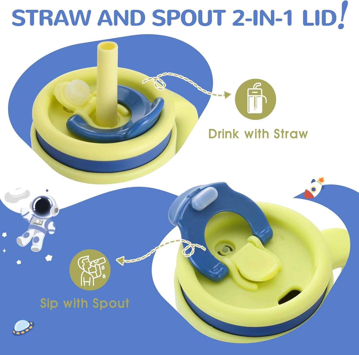 KXIAOCHEN Toddler Tumbler With Straw Spill Proof 14 Oz, Kids Tumbler With Handle Insulated Stainless Steel BPA-Free Keeps Drinks Cold up to 24 Hrs for Travel Cup Holders Outdoors, Navy Blue Spaceman - Image 4