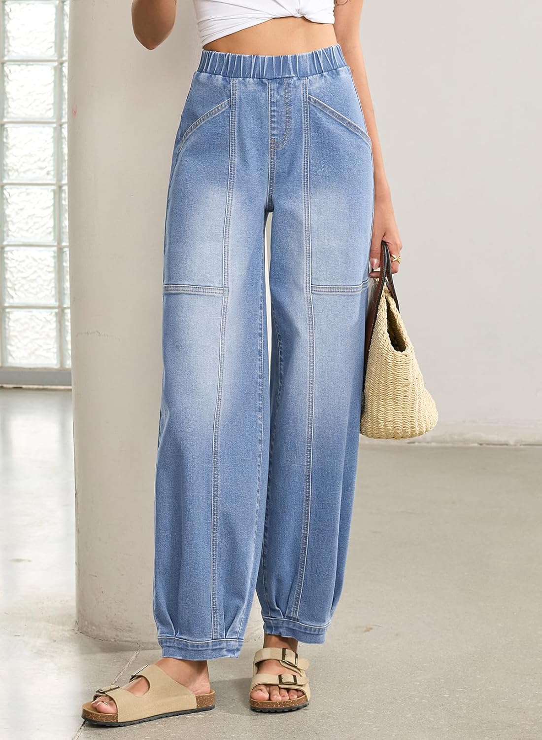 Sidefeel Barrel Jeans for Women Trendy Wide Leg High Waisted Cropped Baggy Relax Fit Stretch Pocketed Denim Ankle Pants - Image 7