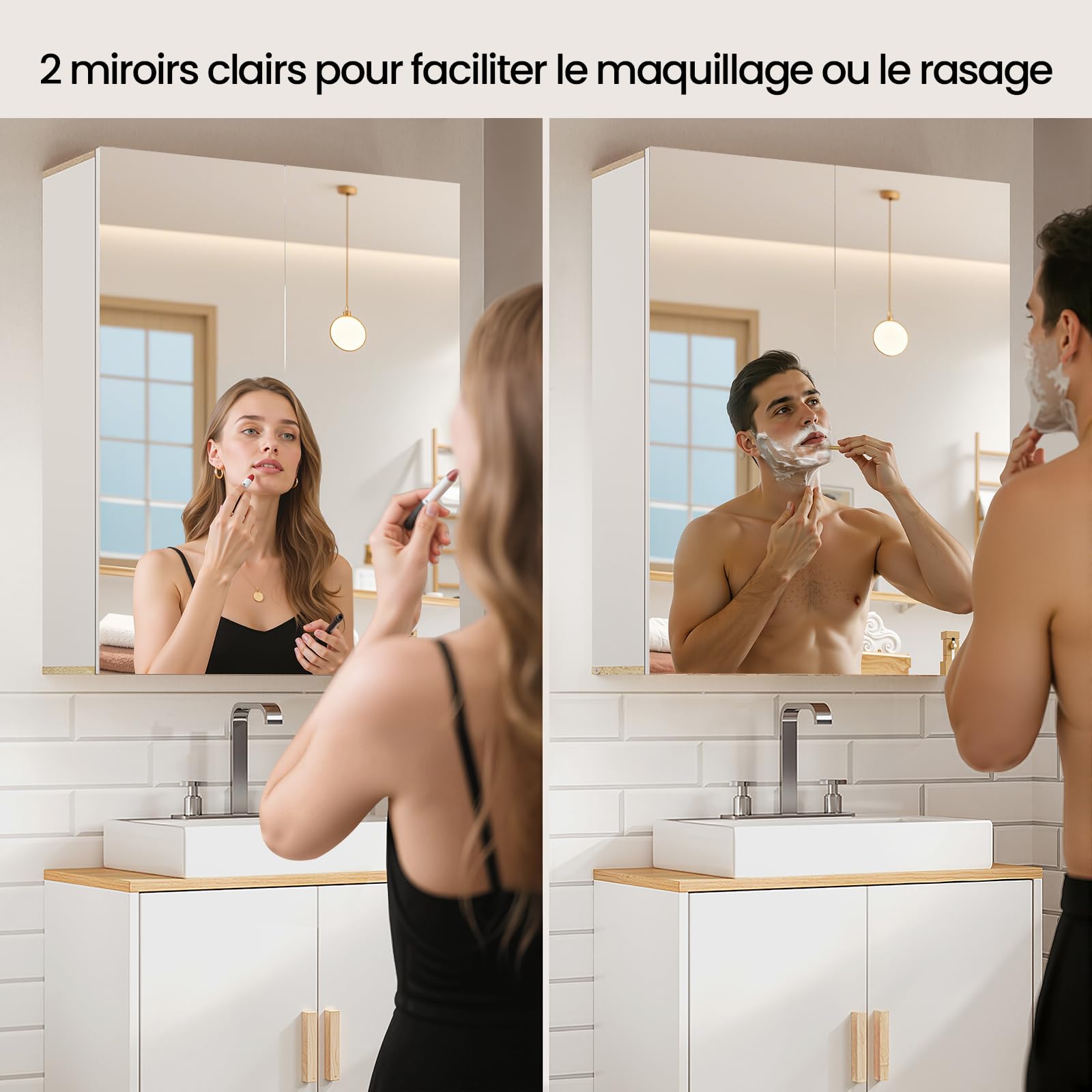 EUGAD Armoire de Salle de Bain avec Miroir, Meuble, Armoire Murale avec Étagères Réglables, Blanc et Chêne Clair 60x20x75cm (LxPxH)