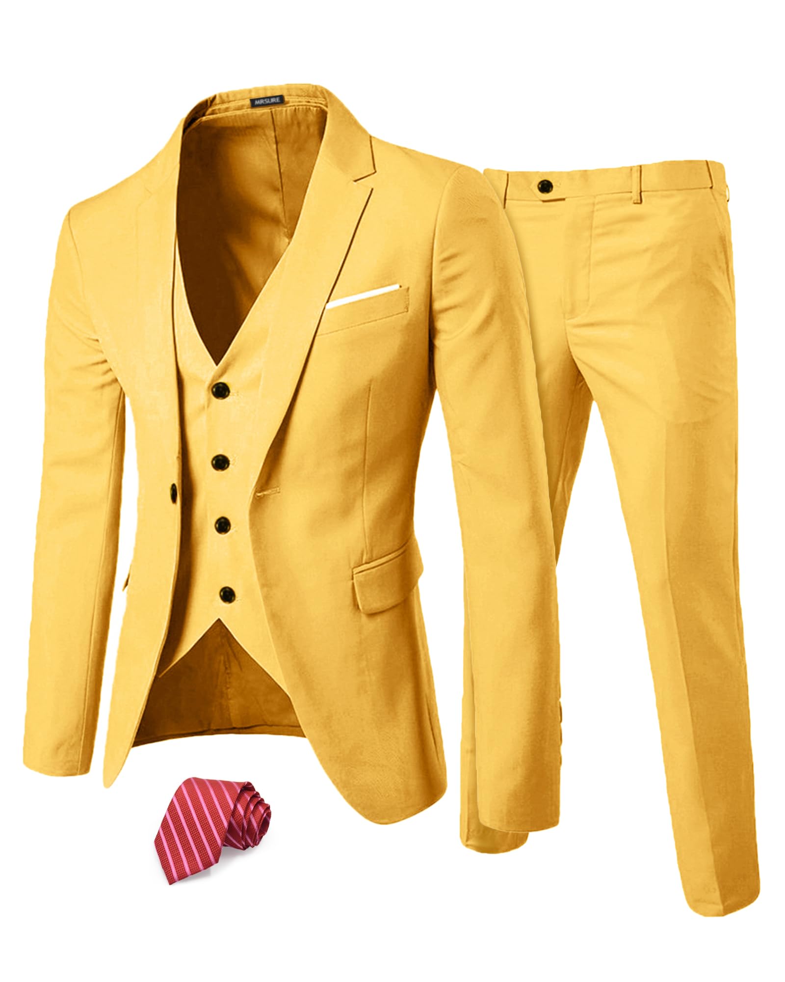 MrSure Men’s 3 Piece Suit Blazer, Slim Fit Tux with One Button, Jacket Vest Pants & Tie Set for Party, Wedding and Business, Yellow, XS