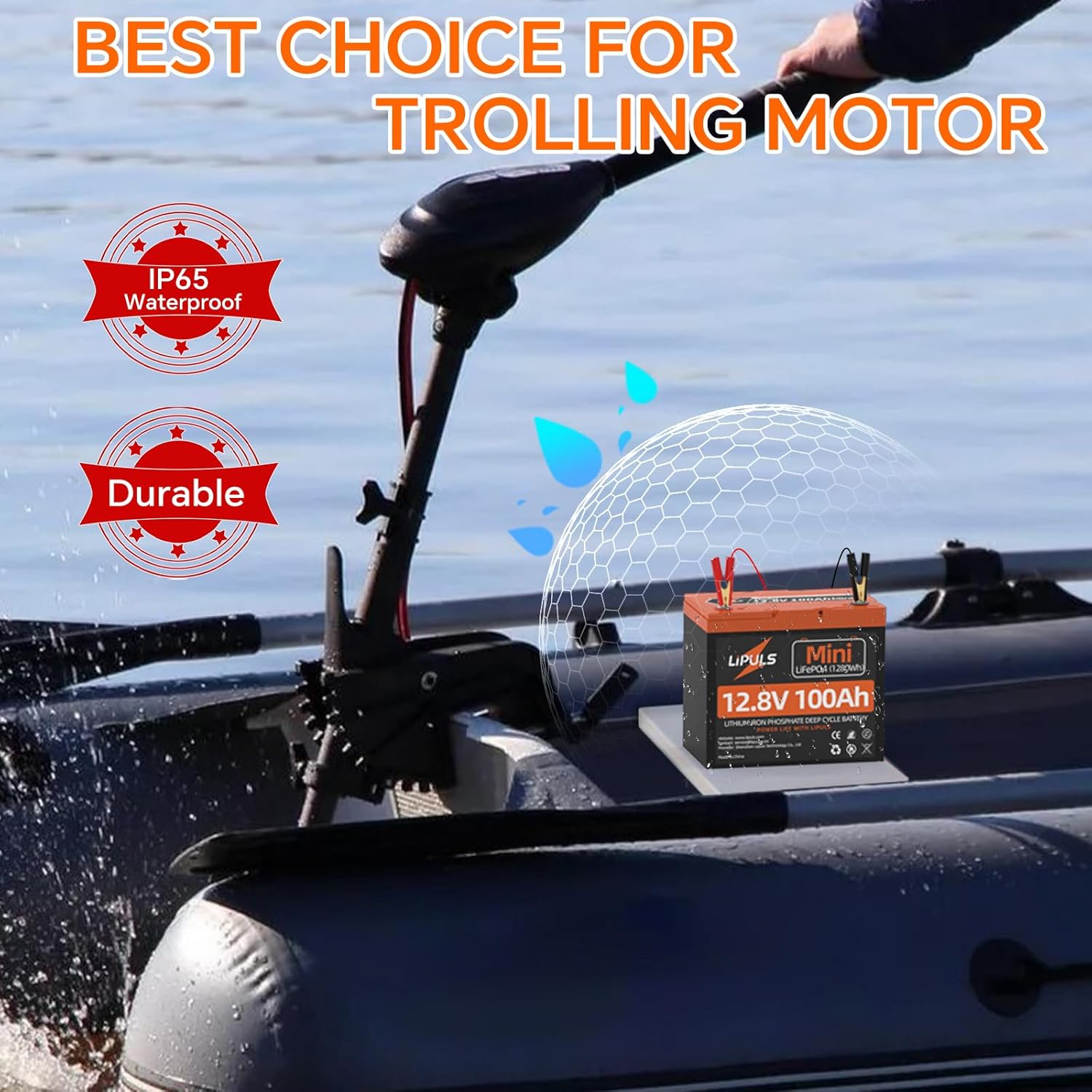 LIPULS battery connected to a trolling motor on a boat