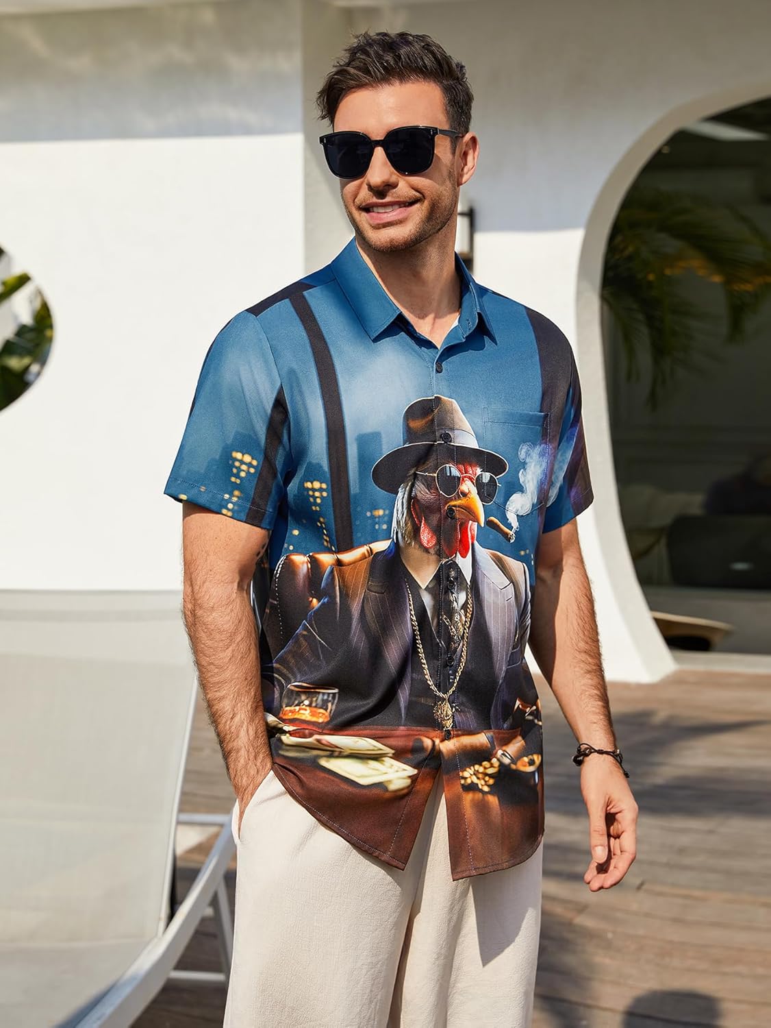 Hardaddy Men's Gongfu Rooster Chest Pocket Printed Short Sleeve Button Down Summer Casual Shirt - Image 3