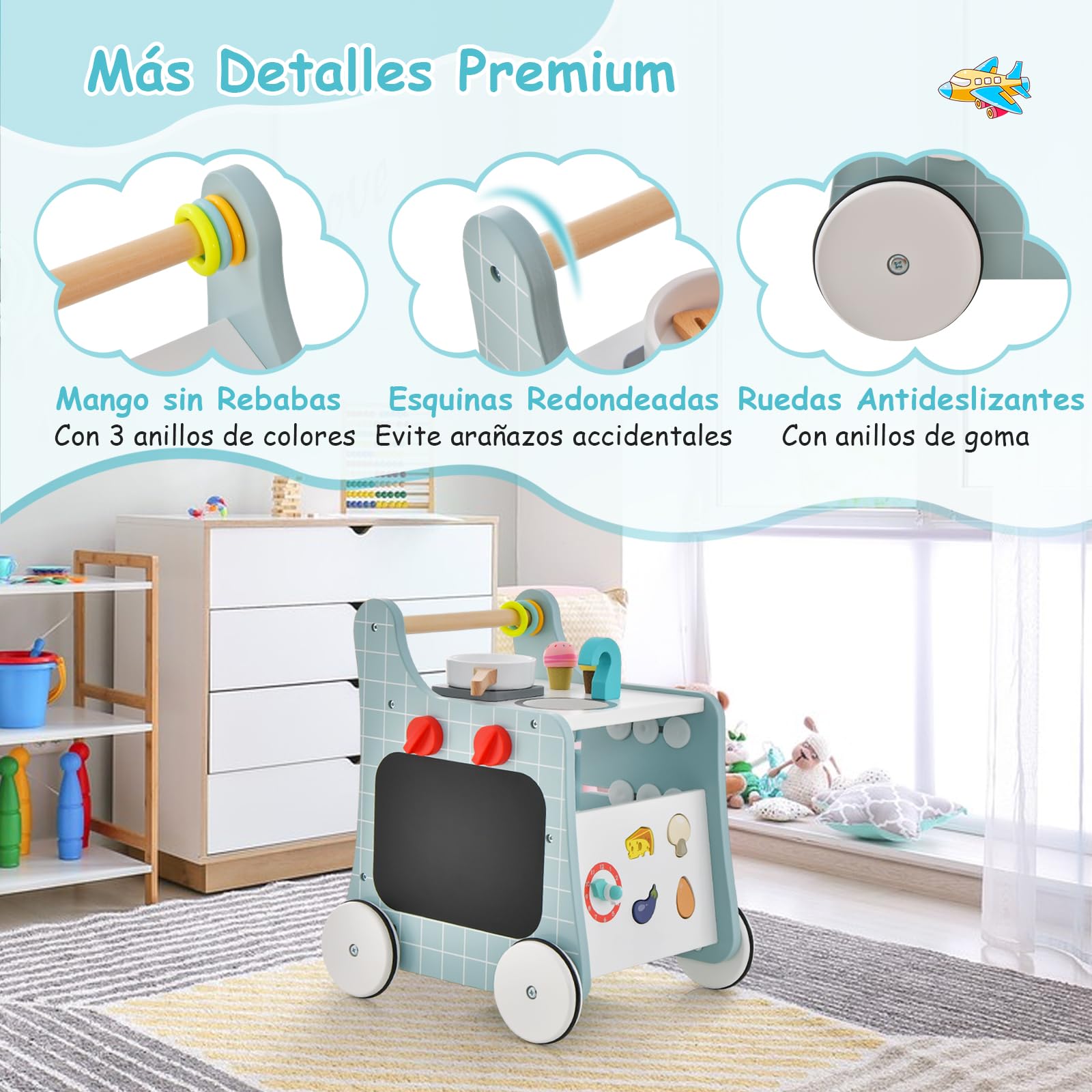 GOPLUS Centro de Actividades de Cocina de Madera 6 en 1, Andador con Cocina para Bebés, Cocina de Juguete, Juego de Empareja, Carriola Ergonómica con Ruedas para Bebés de 12+ Meses (Azul)