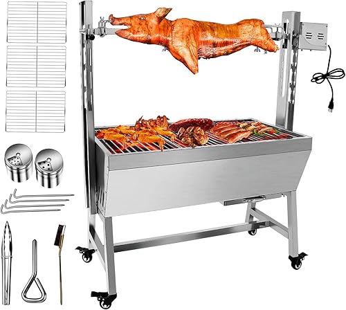 Asador al aire libre para barbacoa de 25 W, 37 pulgadas, asador para cerdo, cordero y cabra - asador de carbón de acero inoxidable para acampar al