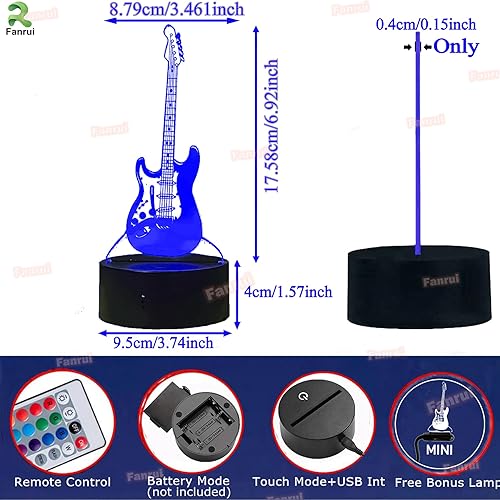 Miniatura 3 de Fanrui Creative Cartoon 3D Guitarra Eléctrica Modelo Ilusión Lámpara LED Acrílico 7 Color USB Touch IR Cambio Remoto Bebé Niño Dormir Luz Noche