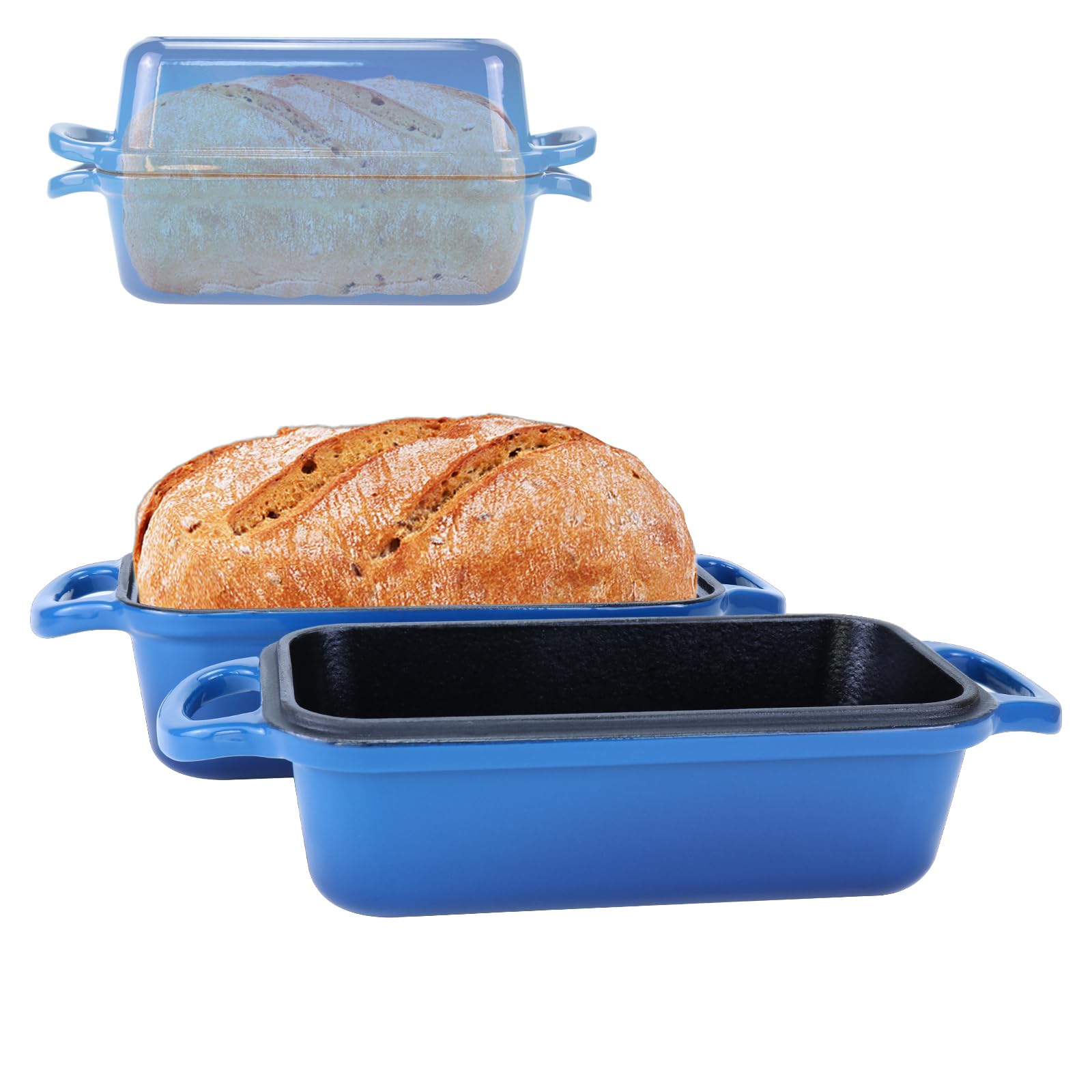 An & Guo Gusseisen Brotbackform mit Deckel, 22,96 × 12,78 cm, schwerlastig & langlebig, für selbstgebackenes Brot, backofengeeignet – 2er Set - Kastenform für Sauerteigbrot (MeeresBlau)