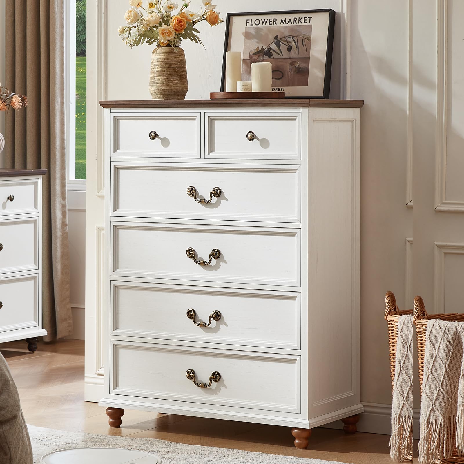 Joaxswe Farmhouse 6 Drawer Dresser for Bedroom, 42" Tall Rustic Chests of Drawers w/ 4 Solid Wood Feet, Mid Century Modern Wooden Closet Storage Dressers Organizer for Living Room, Hallway,White