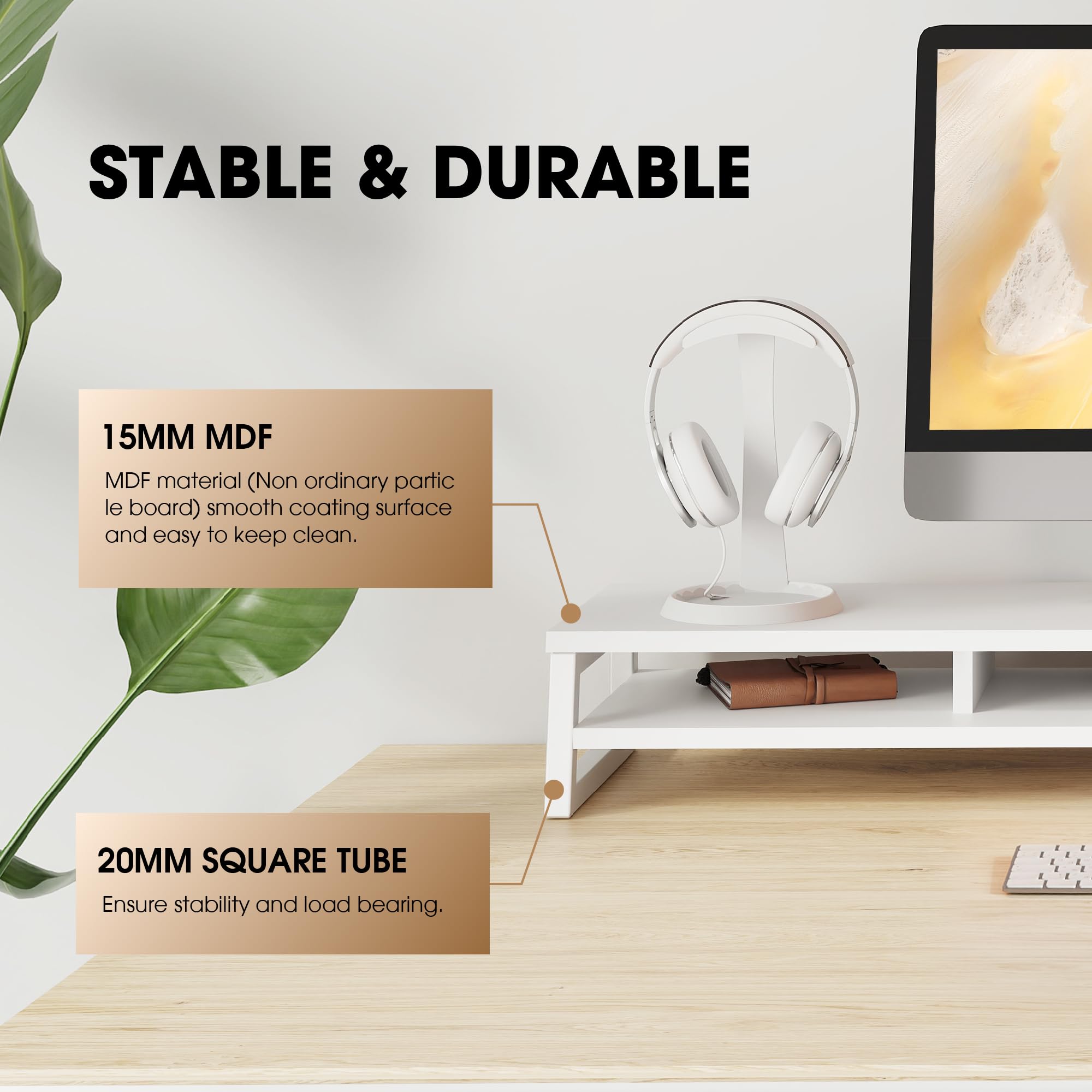 Supporto per monitor in legno, supporto per computer portatile, per scrivania, ripiano da tavolo, organizer per schermo TV, stampante, MacBook, notebook, nero, confezione da 2