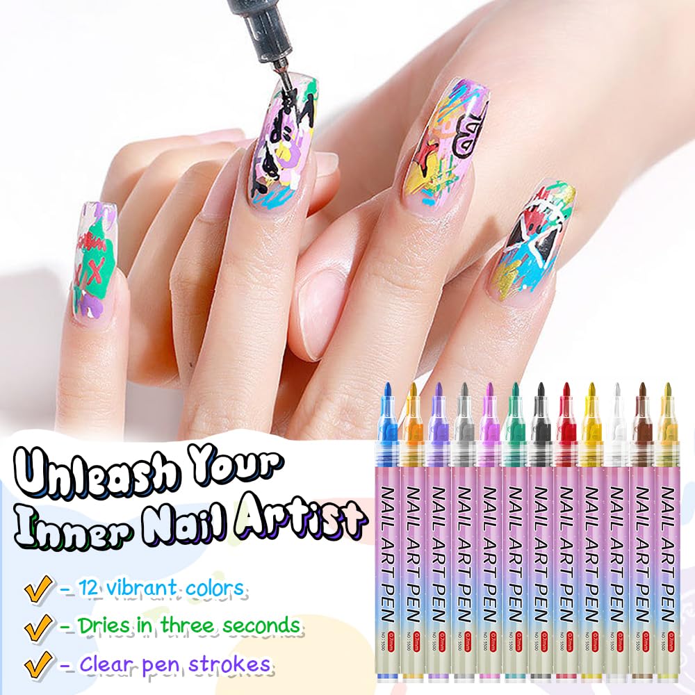 12-Color Nail Art Pens, Quick-Dry Fine-Tip Nail Polish Markers