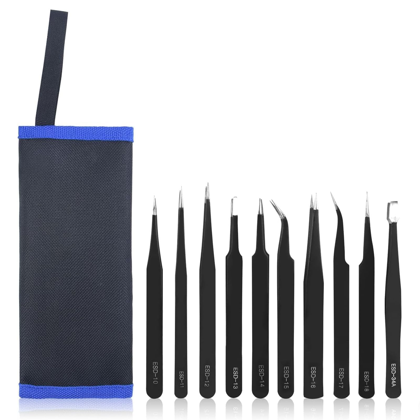 9pcs Precision ESD Tweezers Set, Anti-Static Stainless Steel Tweezers Set Kit Perfect for Electronics, Craft, Jewellery, Soldering, Laboratory Work and Detailed Work