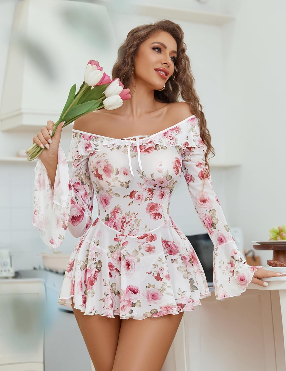 Avidlove Sexy Lingerie Babydoll Rave Ruffle Dress Off Shoulder Long Sleeve Nightgowns Outfits For Women S-XXL - Image 3