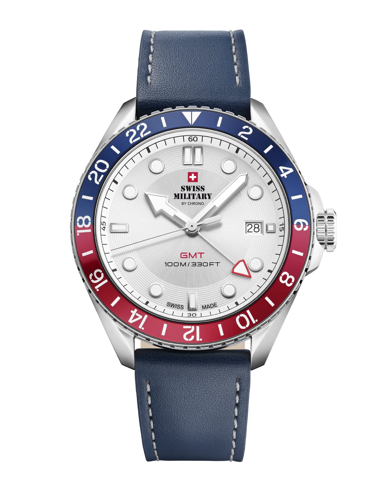 Swiss Military by Chrono GMT SM34095.05 - Orologio da polso da uomo, al quarzo, con funzione GMT e cinturino in pelle, colore: Argento