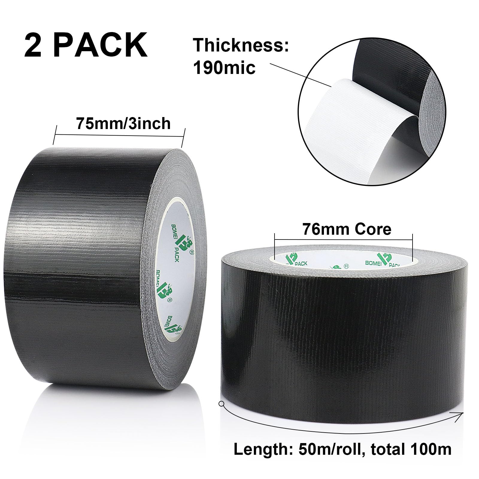 BOMEI PACK Cinta adhesiva de tela negra, 2 rollos de 75 mm x 50 m, reforzada, resistente al agua, cinta adhesiva resistente para fijar reparaciones, manualidades, etiquetado, cajas de sellado para