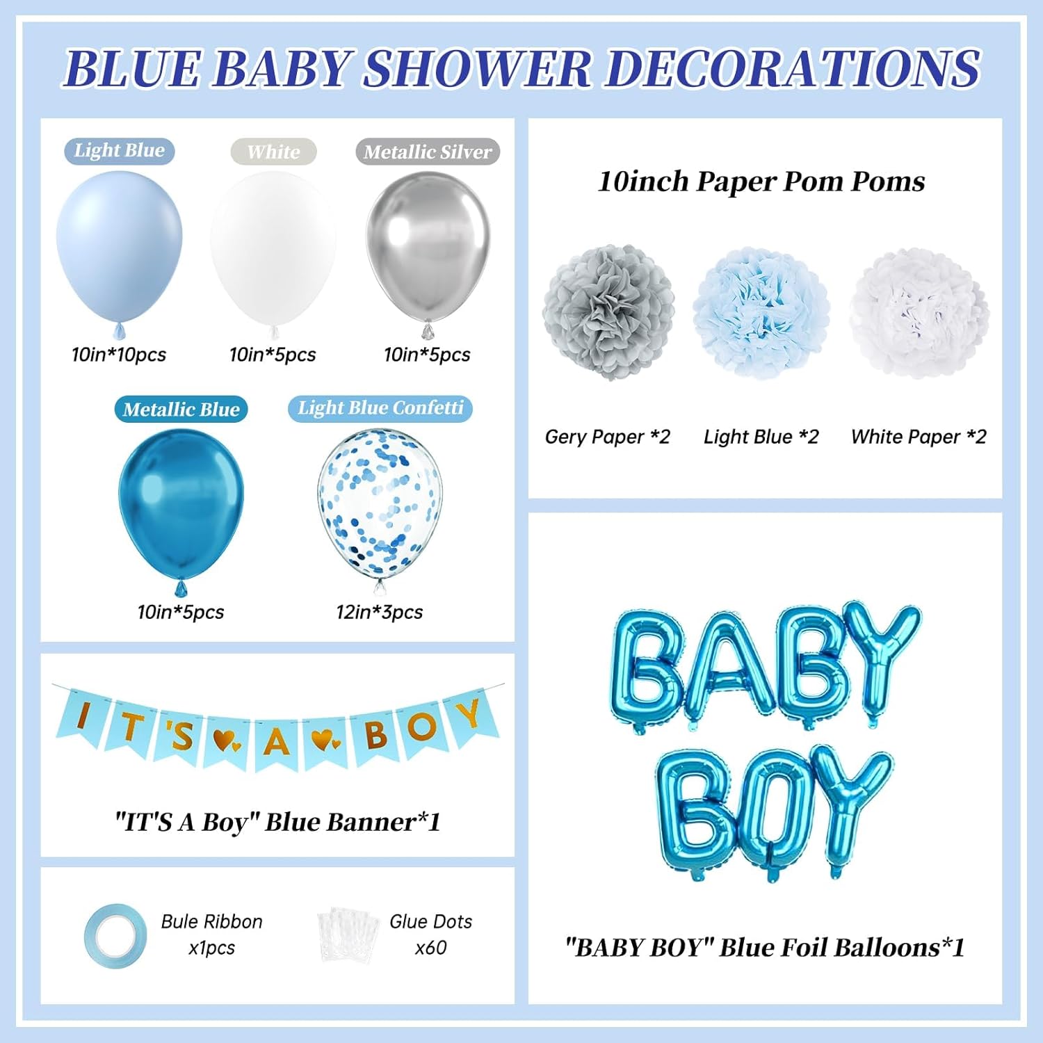 Blue Baby Shower Decorations with Grey Paper Pom Poms Metallic Silver Light Blue Balloons Banner for Gender Reveal Baby Shower Birthday Party Decorations - Image 2