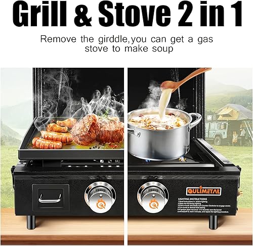 Miniatura 5 de QuliMetal - Parrilla portátil de mesa de 22 pulgadas, 2 quemadores de gas propano con campana, parrilla de campamento de 24,000 BTU con bolsa de