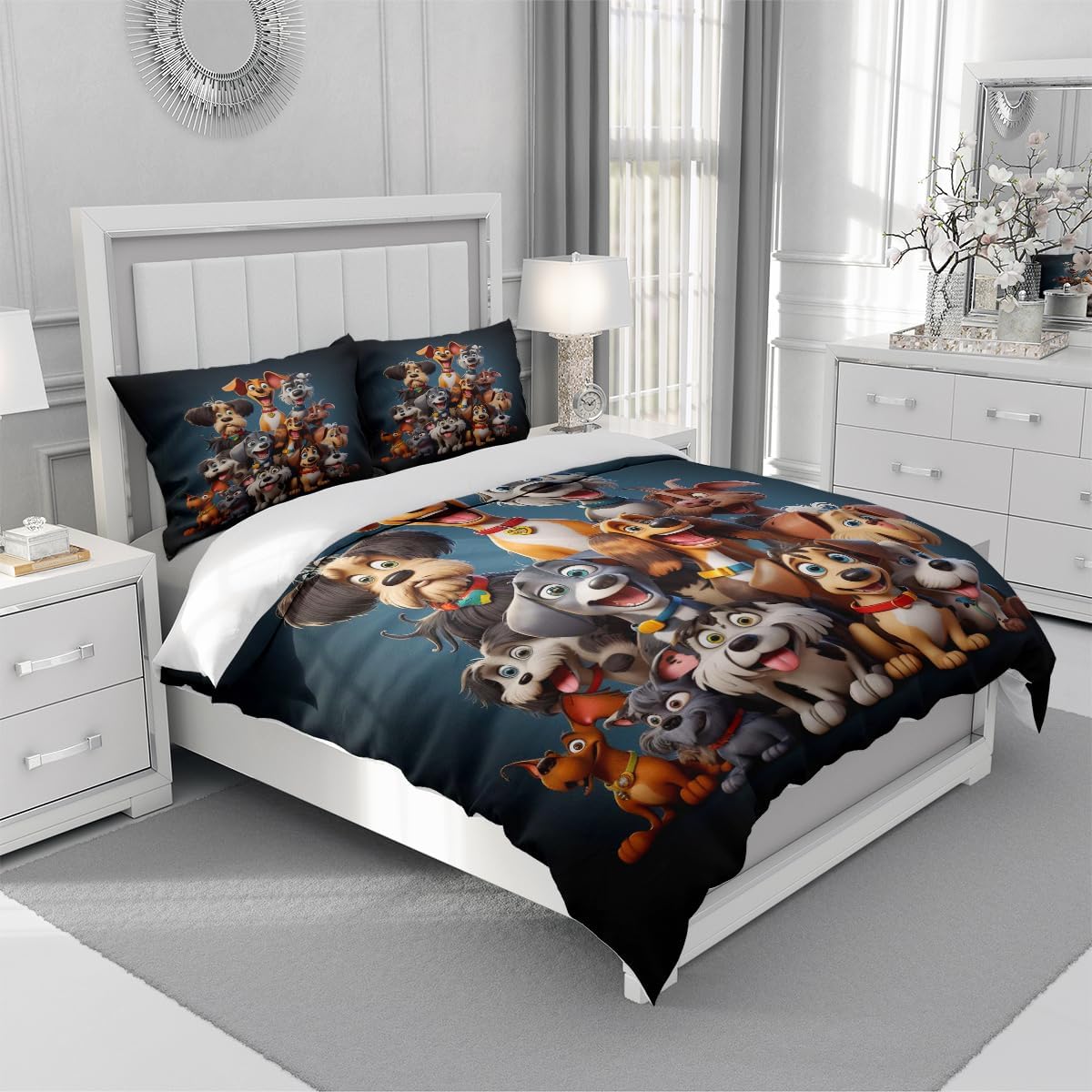 King Size Duvet Cover Dogs Bedding Sets Cute Kids Comforter Cover Sets for Boys Girls Animals Beding Cover Set,Includ 1 Duvet Cover and 2 Pillow Shams