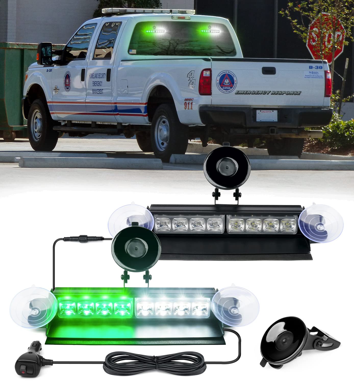 Xprite White Green Emergency Strobe Dash Lights, Interior Windshield Flashing Light w/Suction Cups for Construction Trucks Plows Postal Security Cars (Aluminum Housing)