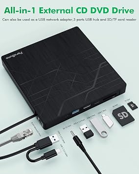 Super External DVD Drive with Ethernet Adapter USB 3.0 Hub & Carrying Case