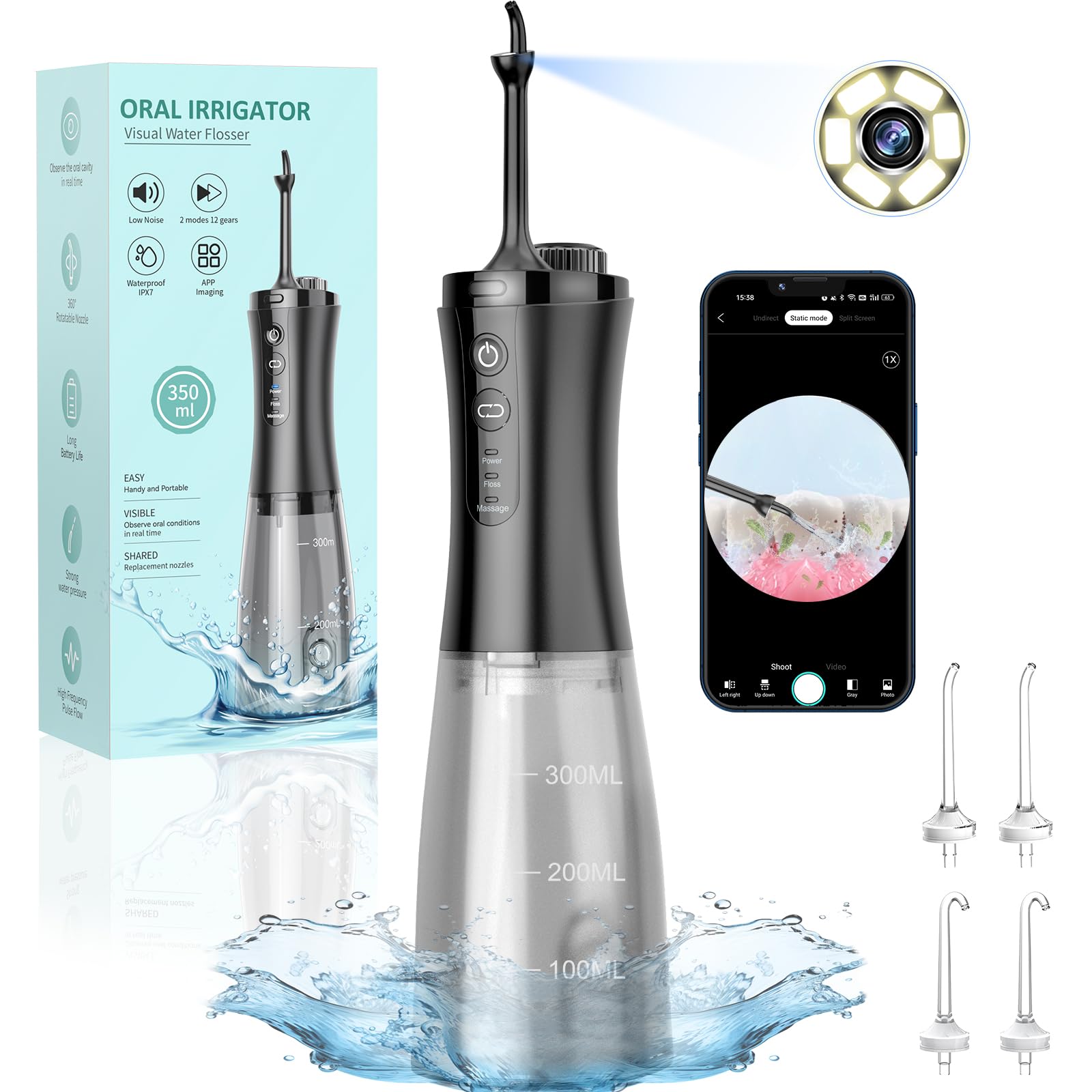 Visivo Irrigatore Orale Senza Fili, Idropulsore Dentale ad Acqua con Irrigatore Orale Dentale Ricaricabile Impermeabile IPX7 per Viaggi a Casa (Nero)