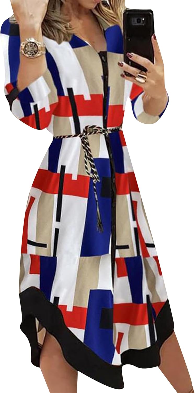 YMING Womens Long Sleeve Button Down Shirt Dresses Casual Floral Print Maxi Dress Loose Fit Split Blouse Dress - Image 2