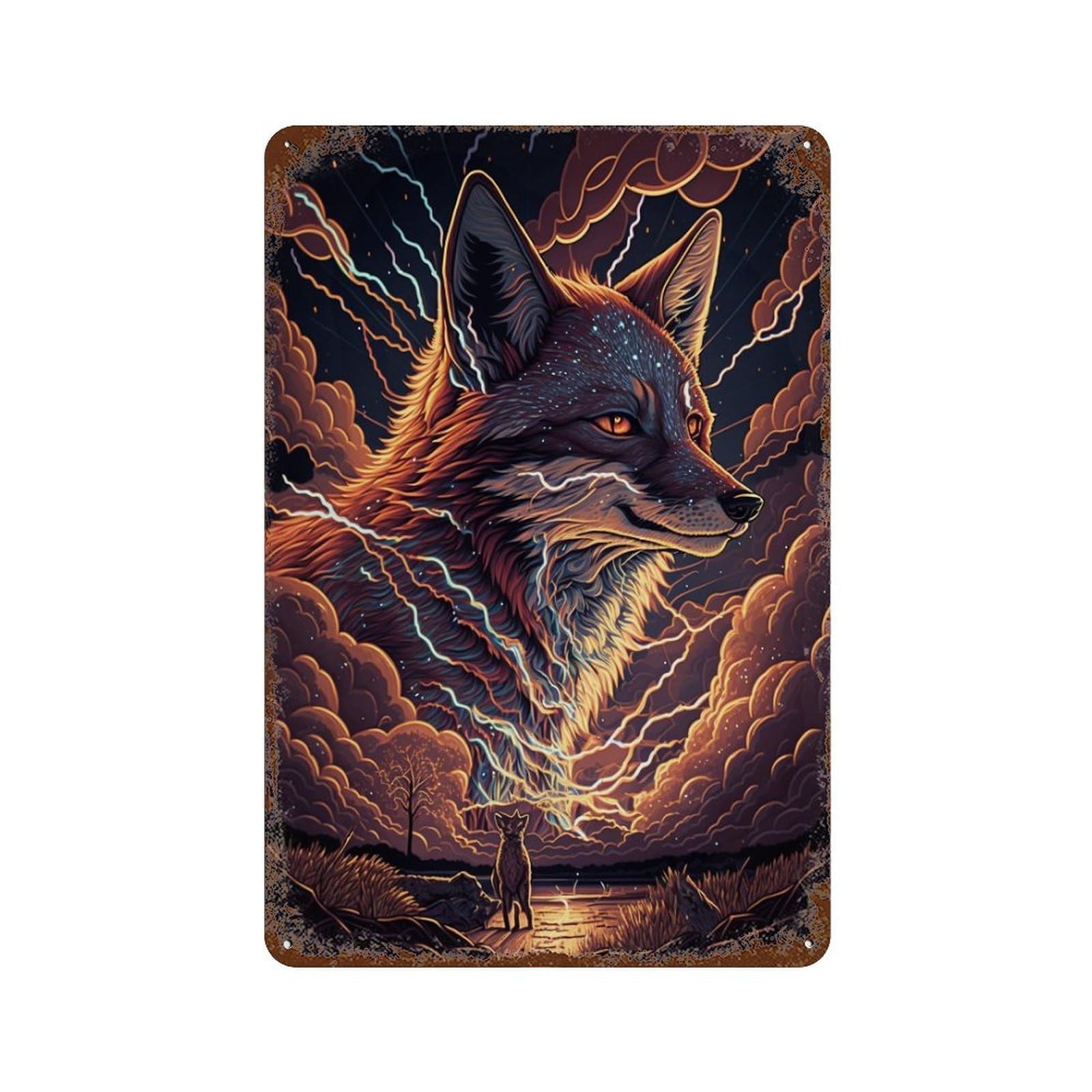 Fox Spirit Storm Weathered Tin Sign 11.8"x7.9", Decorative Metal Wall Art for Garage, Bar And Workshop Decor