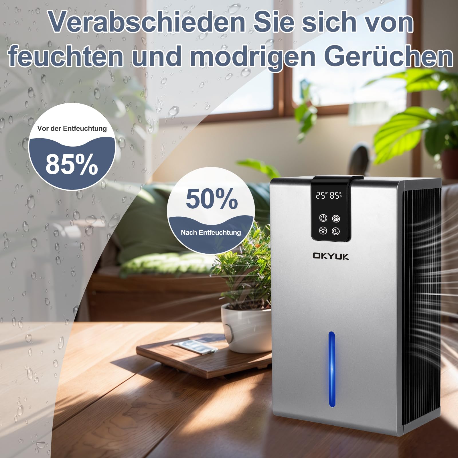 Elektryczny osuszacz powietrza 2700 ml, osuszacz powietrza do domu z automatycznym wyłączaniem, 7-kolorowe światło LED, idealny do kampera, łazienki, sypialni, piwnicy (kolor szary)