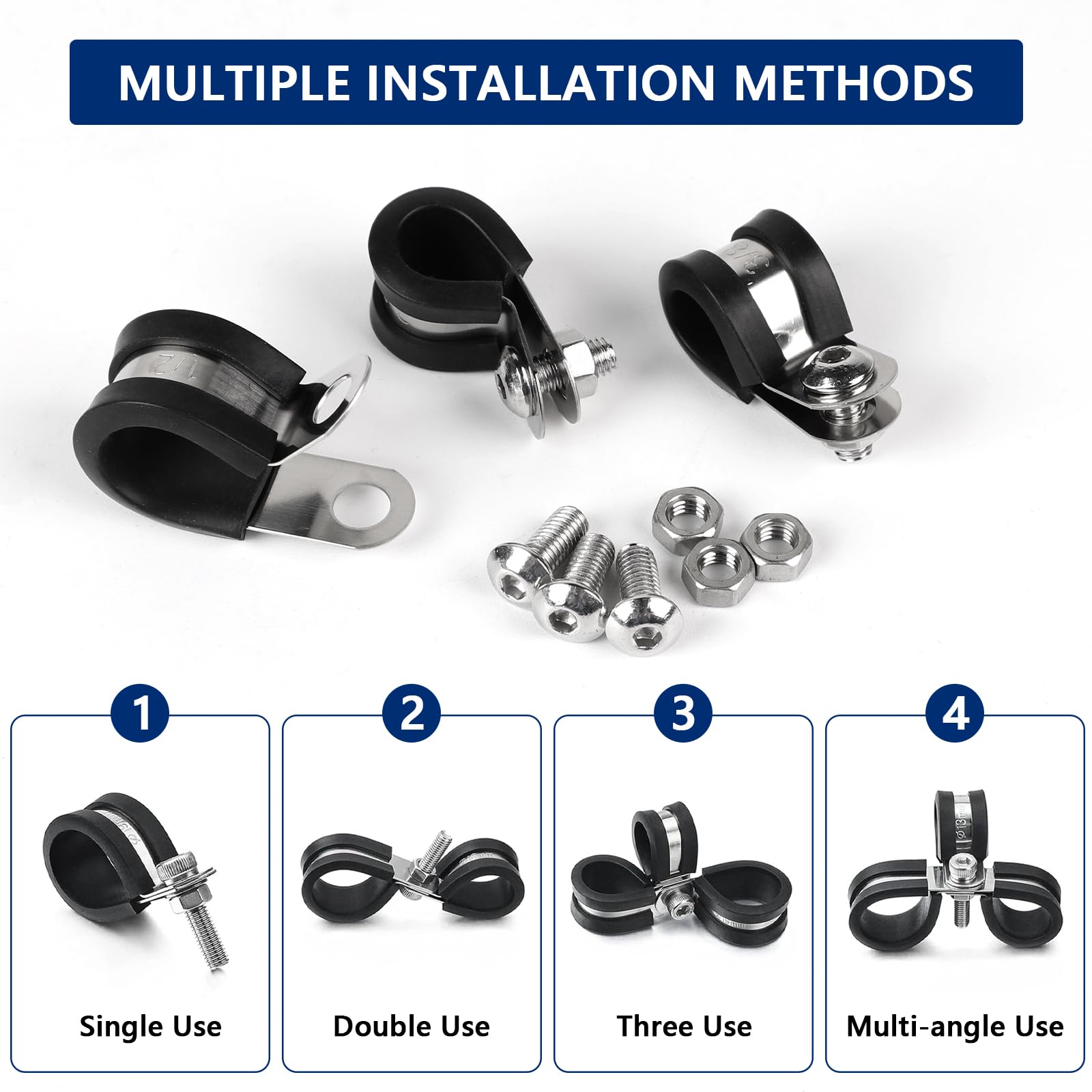 EXLECO Pack of 136 Cable Clamps for Screwing Cable Clamps Stainless Steel Kit Rubber P Clips Pipe Clamps with Rubber Insert Pipe Clamp for Line Wire Pipe 6 mm 8 mm 10 mm 13 mm 16 mm 19 mm 25 mm 32 mm - Image 3