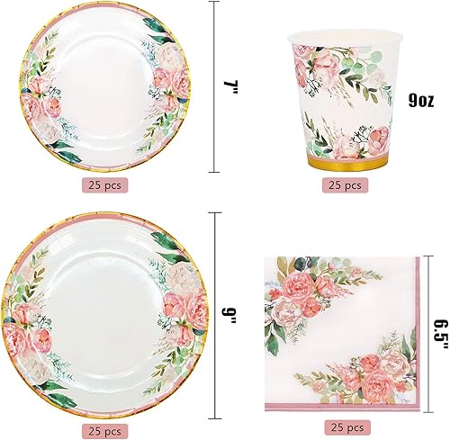 Vista 3 de Suministros florales para fiestas, juegos de platos de papel y servilletas para 24 invitados, incluye platos de papel desechables florales, tazas