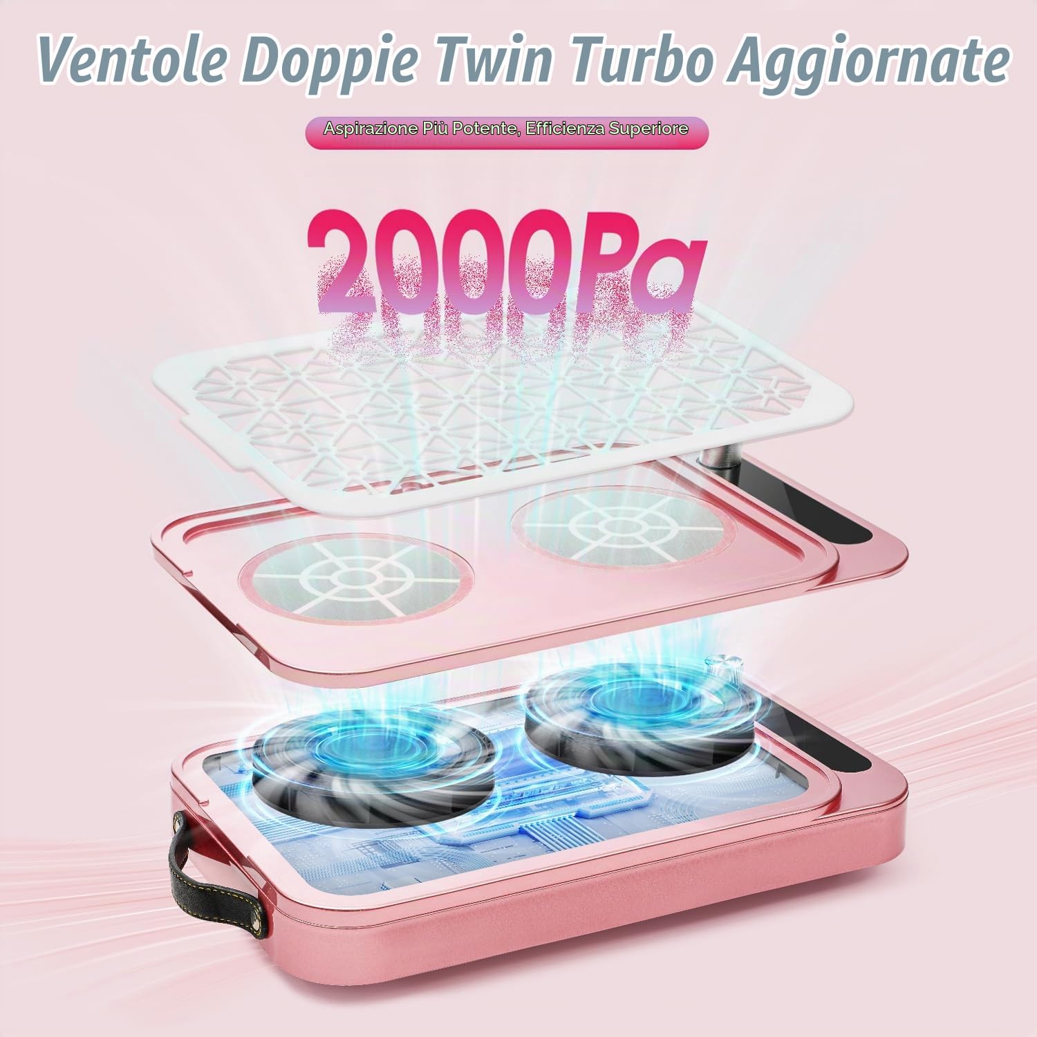 Collettore Polvere Unghie, 2000PA Professionale per Collettore di Polvere Unghie Tecnologia Unghie, con 45 Fogli di Filtro Monouso, per Manicure a Salone Unghie & Home DIY, Rosa