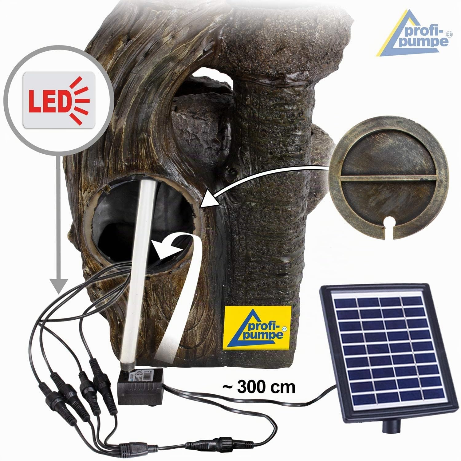 AMUR Fuente solar de jardín con batería de respaldo y luz LED, cascada autónoma, tronco de árbol y cuencos de piedra