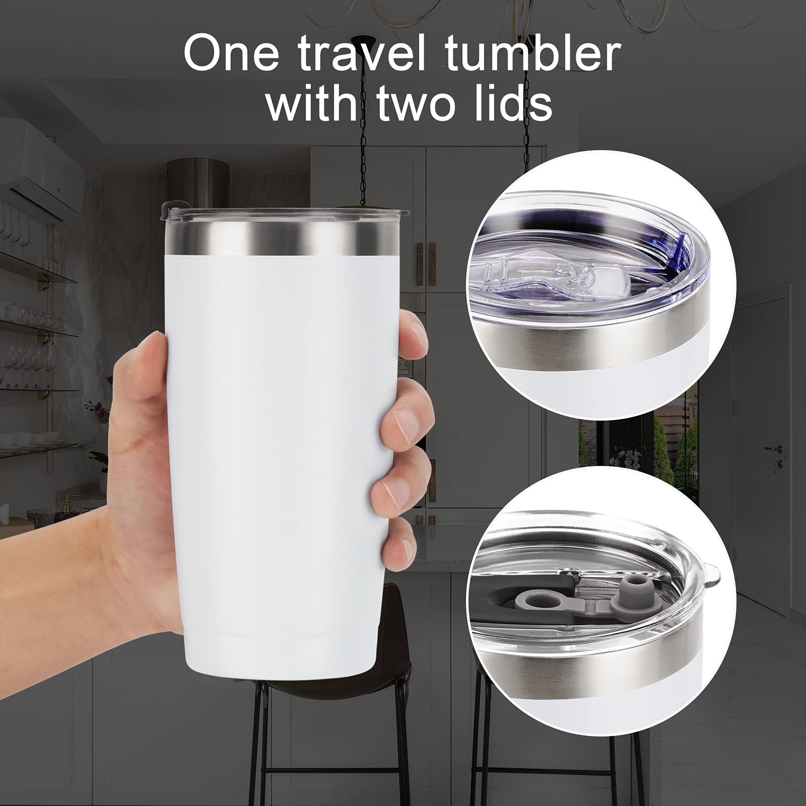 Livole Thermobeker voor mannen en vrouwen, autobeker, koffiebeker-to-go, roestvrijstalen beker met rietje en deksel, dubbelwandige vacuüm geïsoleerde drinkbeker, campingbeker, 600 ml, wit
