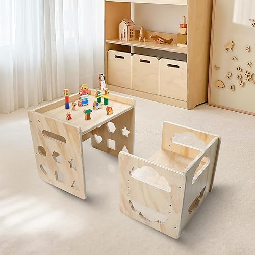 Miniatura 3 de Satisure Juego de Mesa y Silla de Destete Montessori, Juego de Mesa y Silla de Madera para Niños Pequeños, Mesa y Sillas para Niños de 1-3 Años con