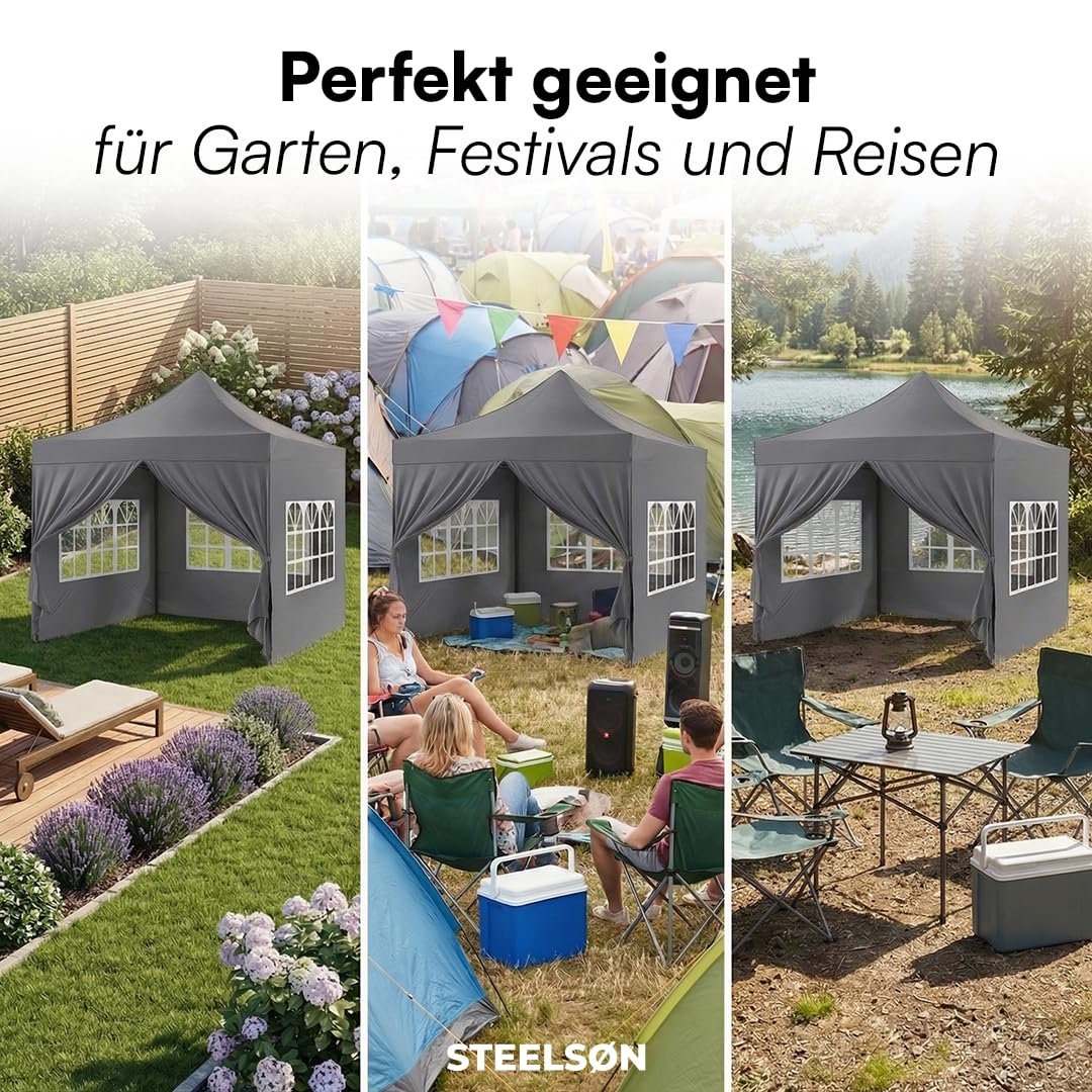 STEELSØN Rynara Pavillon 3x3 m – Faltpavillon mit 4 Seitenteilen – hochwertiger Gartenpavillon inkl. Tragetasche mit Rädern & 3-Fach höhenverstellbar – extrem stabil & UV-/wetterfest - grau