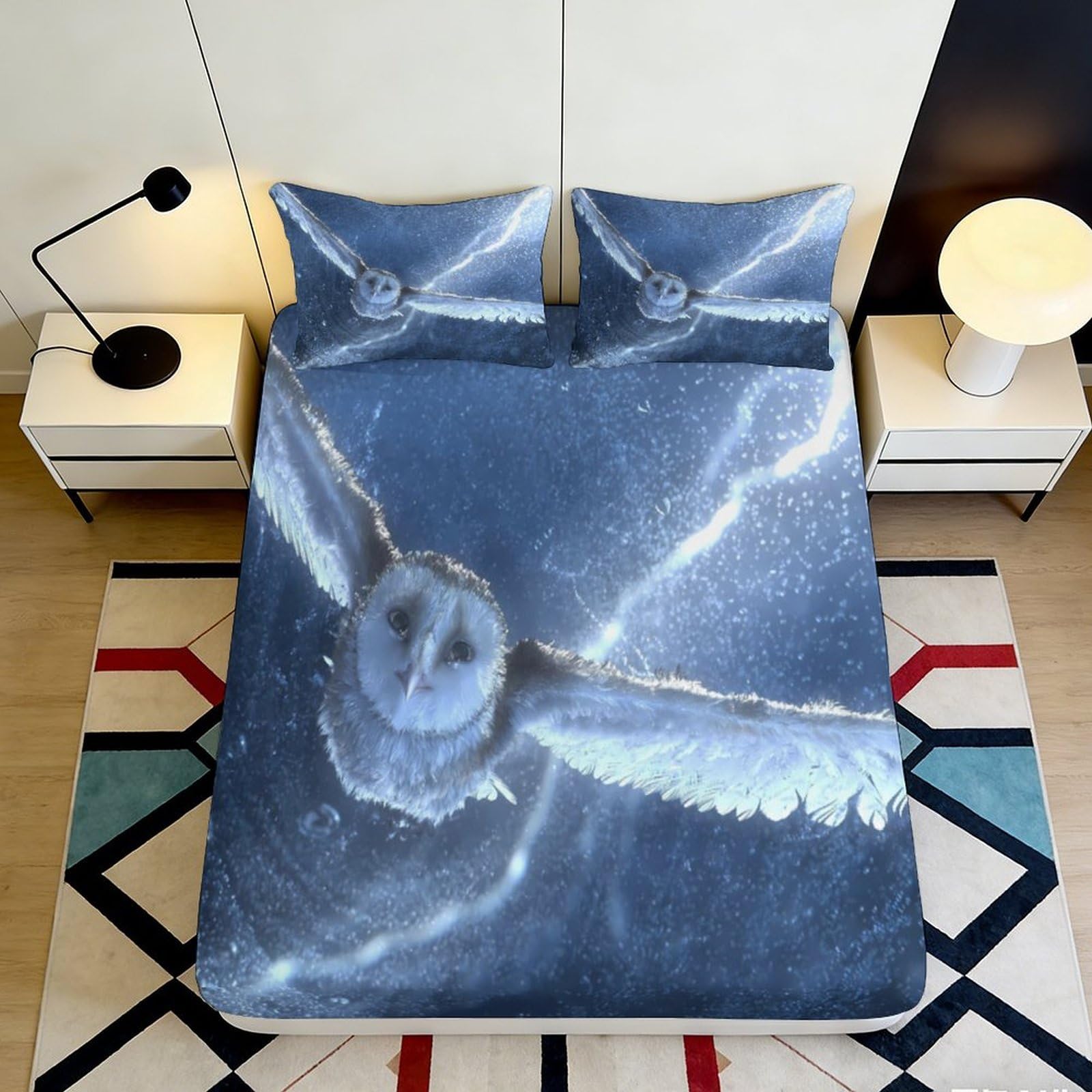 3D Printed Owl Pattern Fitted Sheet Microfiber Soft Breathable Night Sky Bed Cover for Bedroom Dormitory Guest Room Mattress Protection 120x200x25cm