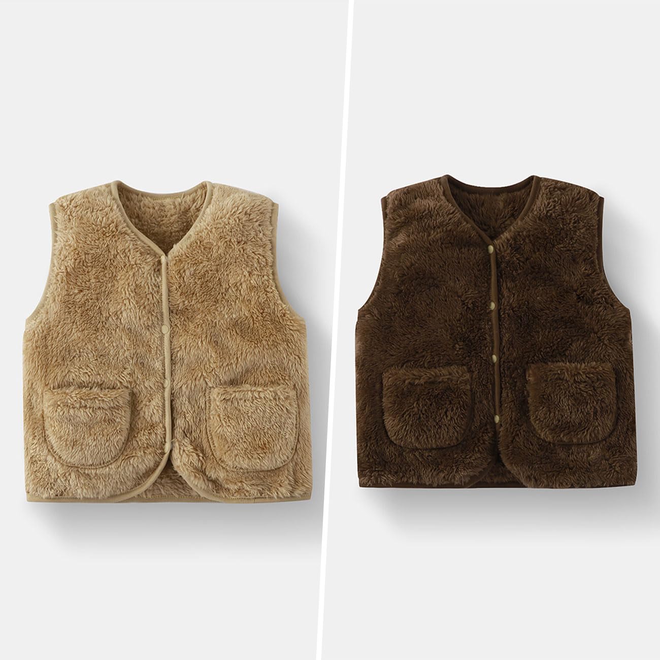 Gilet in Pile per Bebè Bambino, Inverno Gilet Smanicato per Bambino Piccoli con Bottoni a Pressione, Giacche Leggero e Caldo in Cardigan Neonato Giacca Unisex con Tasche Kaki/Marrone 1-7 Anni