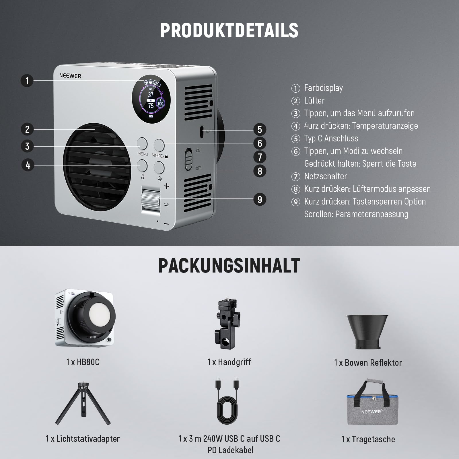 NEEWER HB80C 80W RGBWW LED Videolicht mit 72Wh Akku & 100W PD Schnellladung, Bowens Mount, 2500-7500K Farbtemperatur, 10400lx/m Helligkeit, 18 Lichteffekte für Studio, Fotografie & Videoaufnahmen