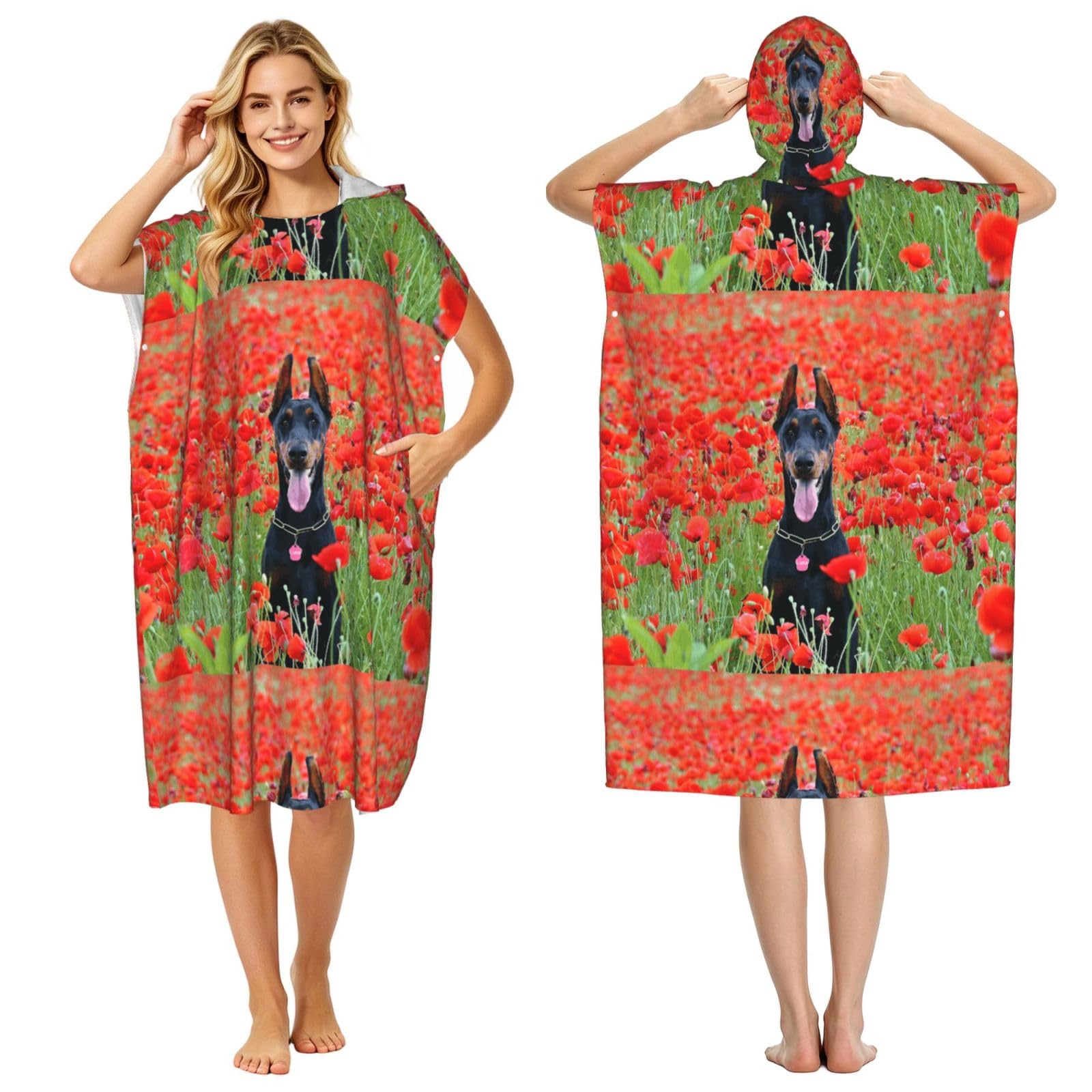 Poadnly Doberman Pinscher In The Flower, Adult Hooded Beach Towel 90 x 110 cm,Changing Bath Robe, Surf Poncho Towel For Women Men