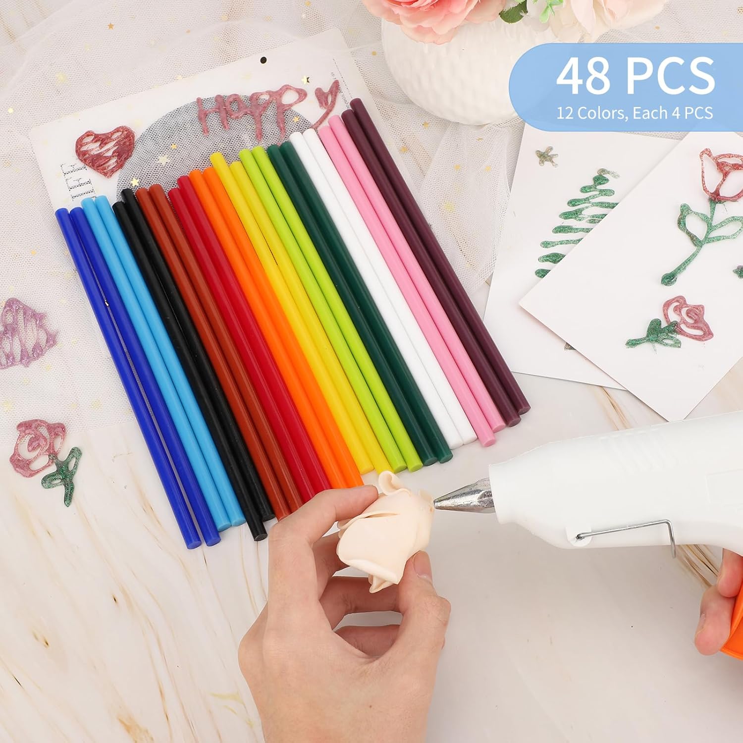 Manarty Colored Glue Sticks, 48PCS 0.27" Dia x 8" Long Mini Size Hot Glue Melt Wax Sticks, Sticks for Metal, Wood, Glass DIY Art Craft & School Projects Repairing Party Festival Home Decoration