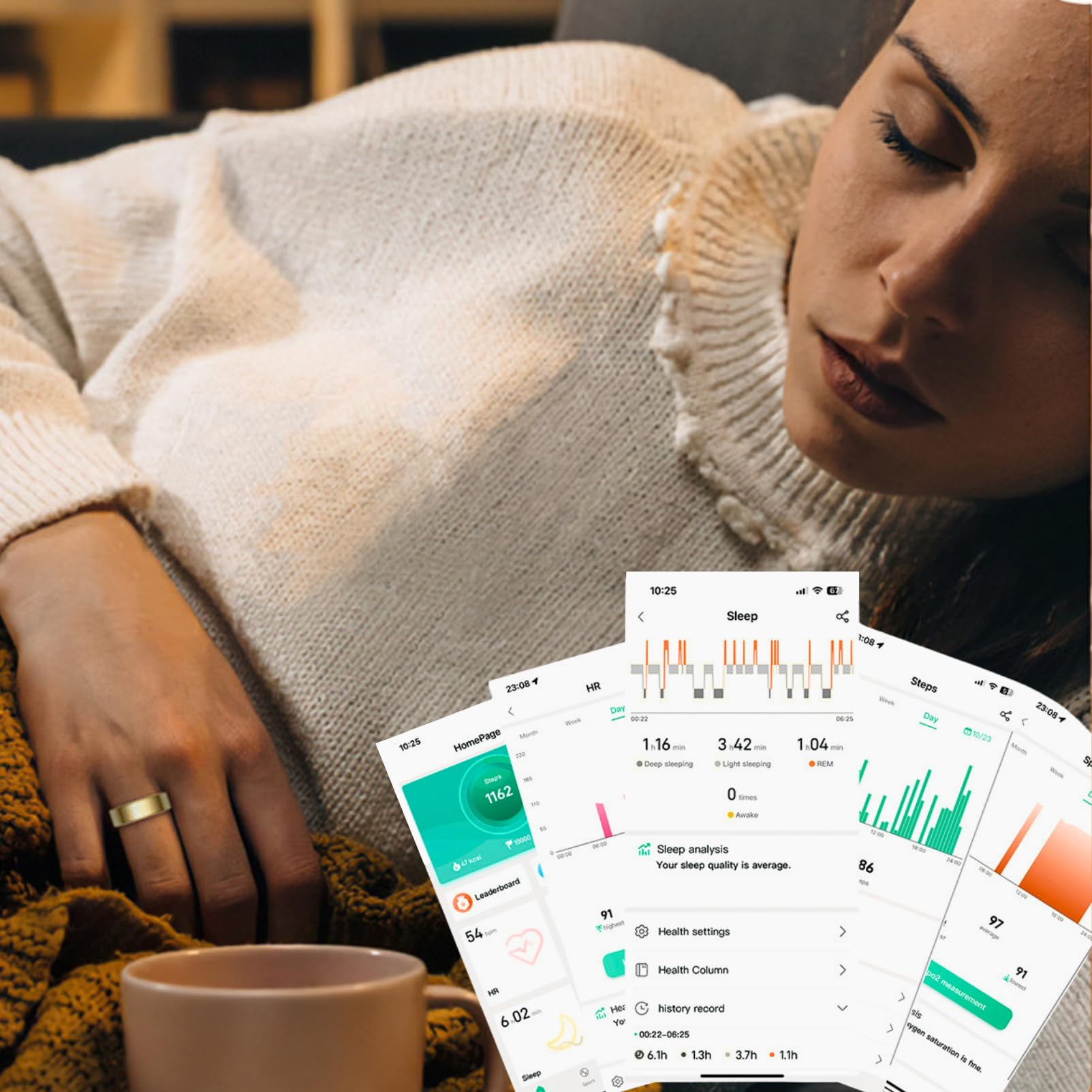 Smart Wellness Ring, Stylish Fitness Tracker with Heart Rate, Blood Oxygen, Blood Pressure, Sleep & Step Monitor. IP68 Waterproof, No Subscription, iOS & Android Compatible (Gold, 7)