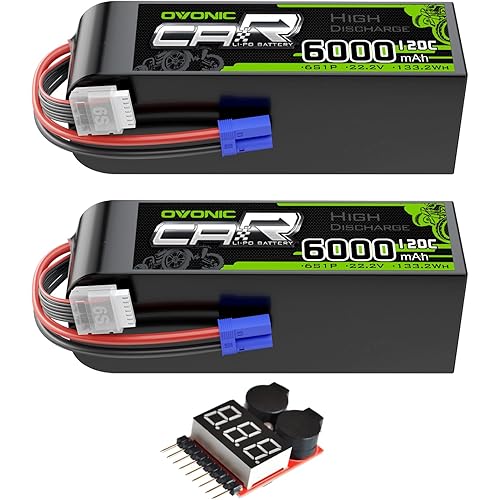 OVONIC 6S LiPo Battery 6000mAh 22.2V 120C RC Battery with EC5 Connector (2 Pack)(with Lipo Voltage Checker)