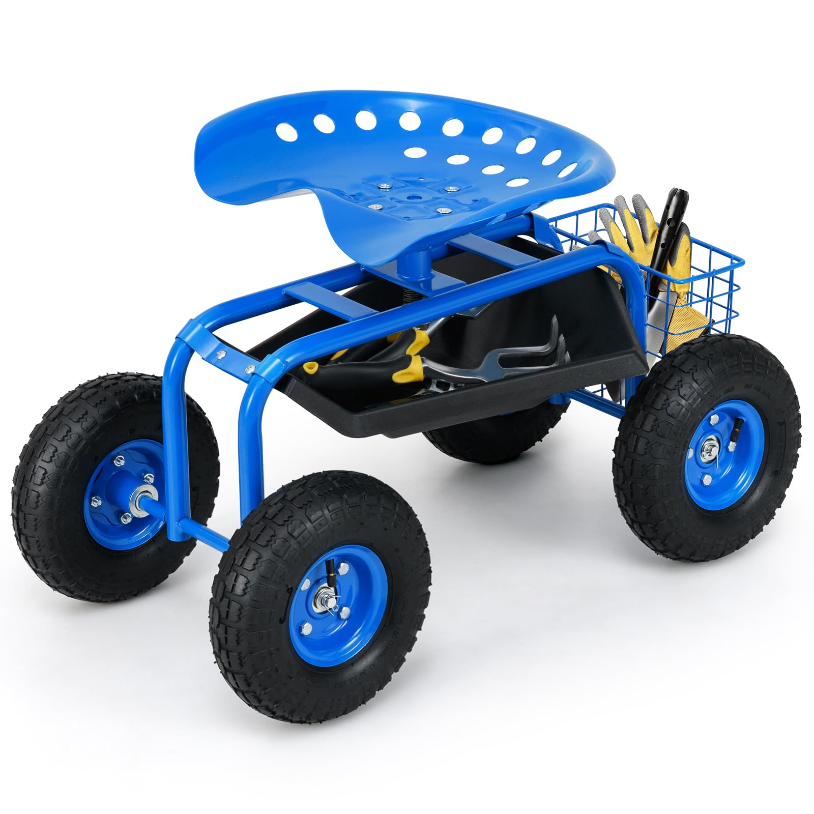 RELAX4LIFE Sgabello da Giardino per Esterno, Portata 130 kg, Sedia Carrello da Giardino con 4 Rotelline, Altezza Regolabile, Sgabello per Giardinaggio Potatura Orto (Blu)
